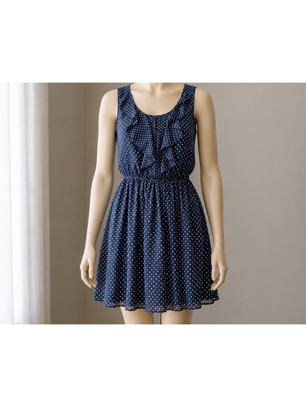IZ Byer Womens L Navy Blue White Polka Dot Ruffle Fit Flare Dress Lined